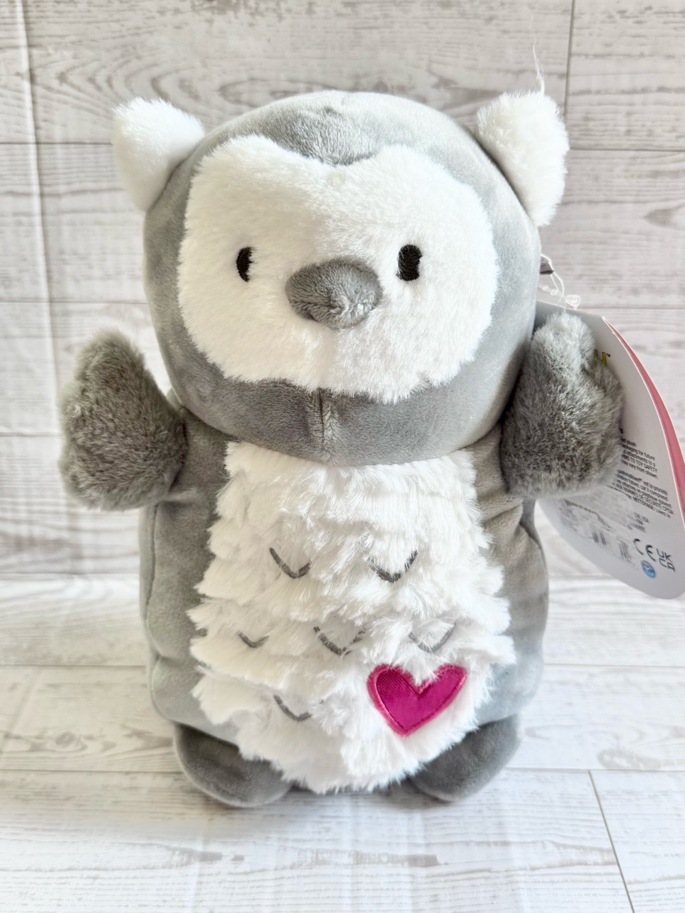 Squishmallows Hugmees Nikita the Owl Gray & White with Pink Heart Plushie NWT